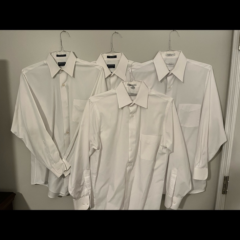 Set of 4 mens white dress shirts, all 15.5 32-33, medium.